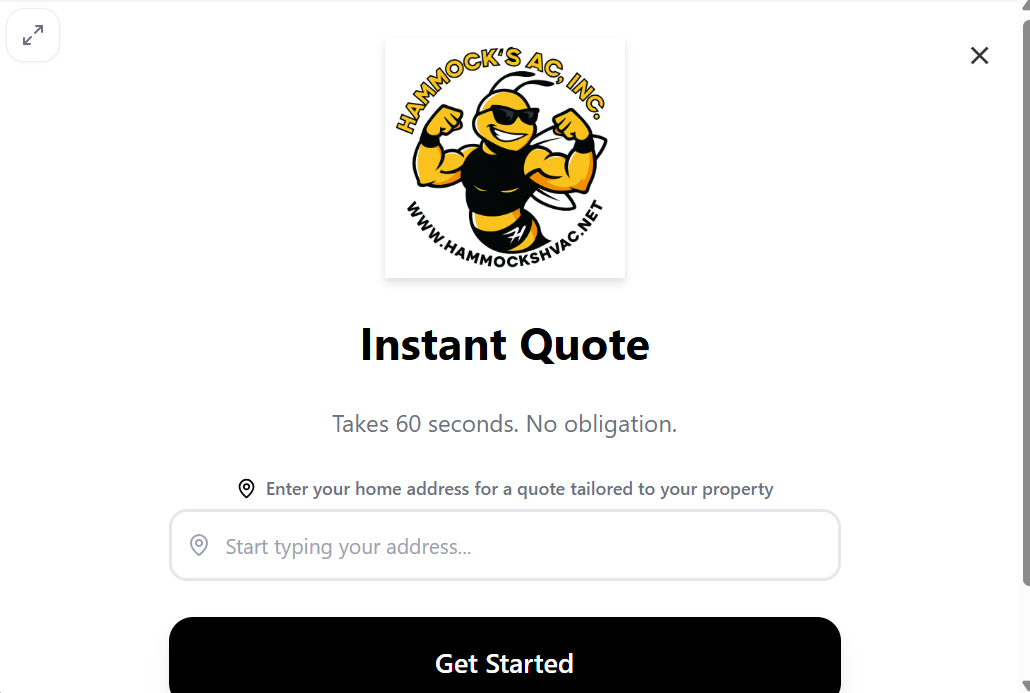 Hammock's AC instant quote widget powered by SpendReady for automated HVAC bookings